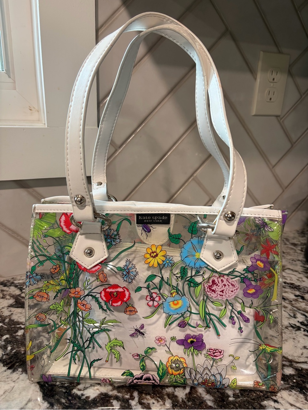 Kate Spade New York Clear Floral Tote with Snap In White Pouch